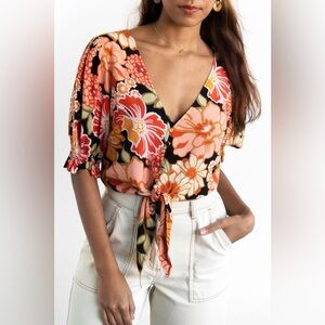 MINKPINK Floral Tie-Front Blouse - Black and Orange